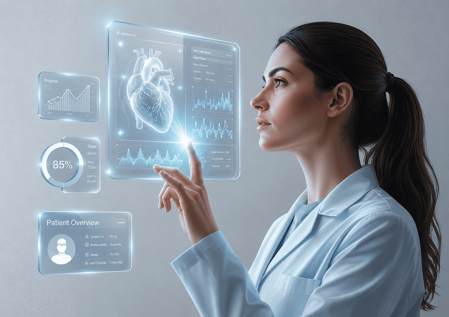 Doctor interacting with a holographic healthcare interface